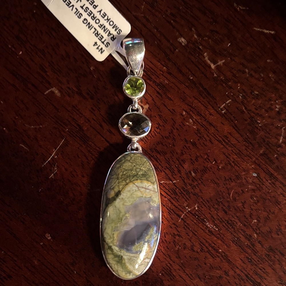 Sterling Silver Pendant with Rainforest Jasper, Smokey Quartz & Peridot. NWT